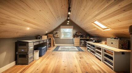 A smart attic conversion with climate control and humidity sensors to protect stored items, and a fold-down workspace for hobbies