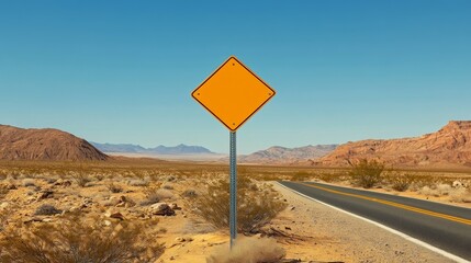 Simple yellow road sign in the middle of a desert landscape, mockup for custom text