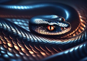 Snake with Jet Black Color Hide His Head Between the Body Realistic Clean and detail Scales Black Background