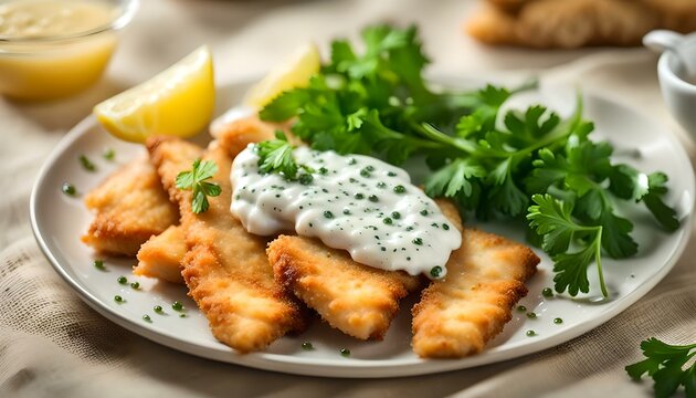 Crispy Fish strips with tartar sauce in a plate
