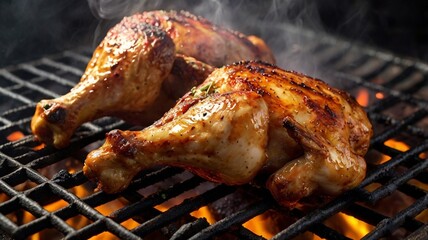 Create an 8K ultra-realistic photograph featuring succulent seasoned chicken drumsticks sizzling on a grill, enveloped in billowing smoke that adds drama and depth to the scene.