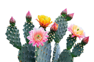 Colorful cactus flowers on green spiky cactus, white isolate background
