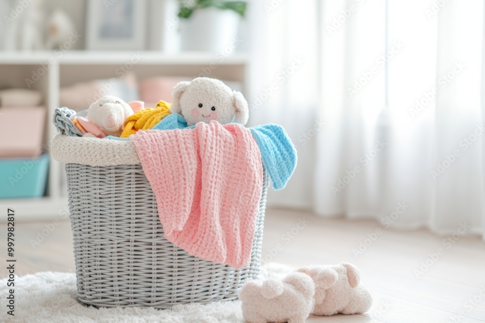 Poster the laundry basket overflows with vibrant children's clothing and cuddly toys in a warm, sunlit spac