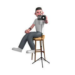 Professional 3D Male Media Photographer. A male photographer is sitting on a high chair holding a camera in front of his face. Cartoon