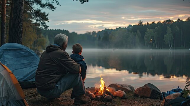Three generations of men grandfather, father and grandson sit together by the campfire next to the tent in the evening against the background of fog over the river.