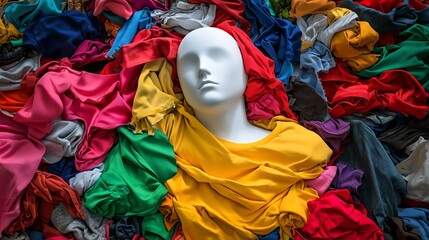 A white faceless mannequin abandoned among a pile of colorful clothing, with garments of various styles and fabrics scattered around it. The mannequin appears lost and neglected.