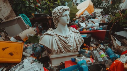 Fototapeta premium A white Greek-Roman statue abandoned amidst a heap of trash, surrounded by various discarded items such as plastic bottles, old newspapers, and broken furniture.