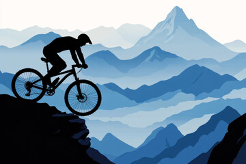 Silhouette of cyclist riding his mountain bike on cliff in the mountains. Adventure and outdoor spirit concept