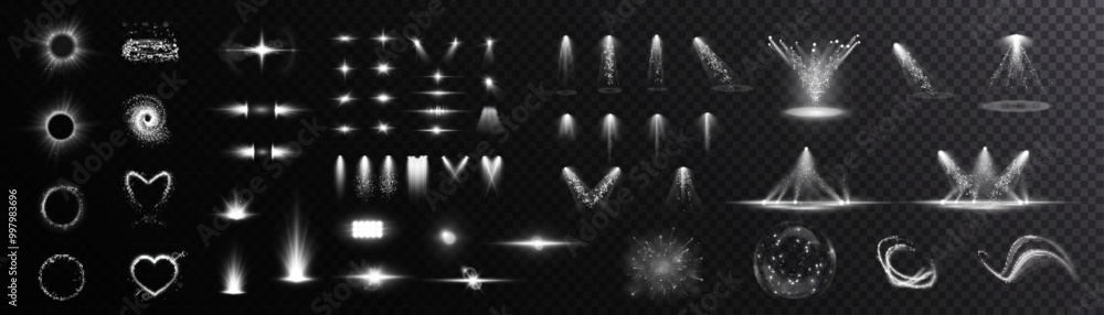 Poster set of white light spotlights, flashes of light on a transparent background. vector glowing light ef