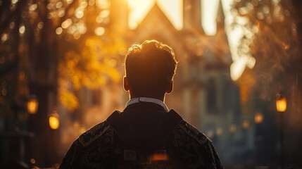 Obraz premium As the sun sets, an individual reflects silently in front of a church, ready for a moment of confession and spiritual guidance