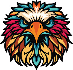 Eagle head flat design, front view, eagle theme, cartoon drawing, black and white