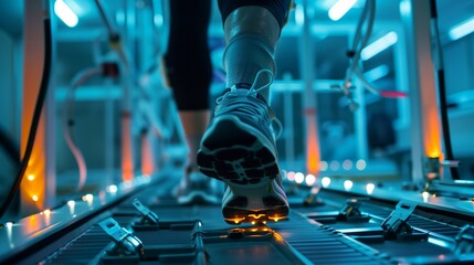 A person walks on a specialized rehabilitation track, surrounded by high tech equipment, emphasizing recovery and therapy
