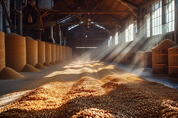 Sunlight illuminates a barn filled with orderly stacks of grains, showcasing the detailed feed production process in agriculture