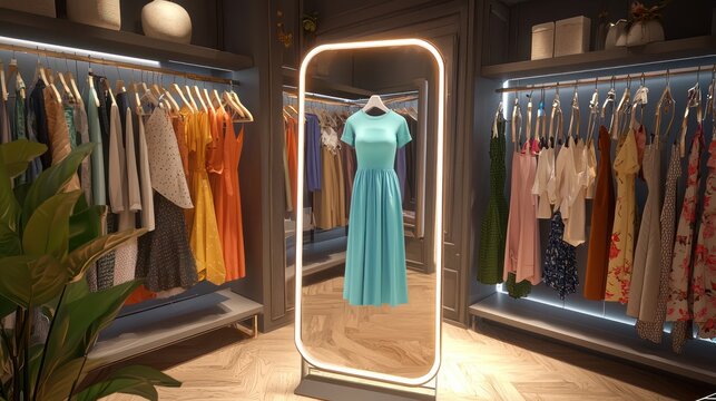 A smart dressing room with a virtual fitting mirror that suggests outfits based on occasion and weather