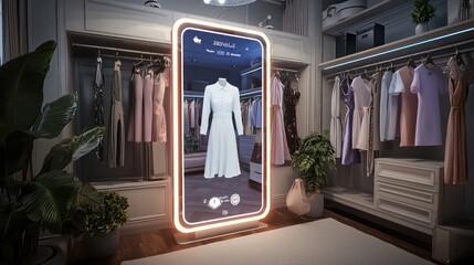 A smart dressing room with a virtual fitting mirror that suggests outfits based on occasion and weather