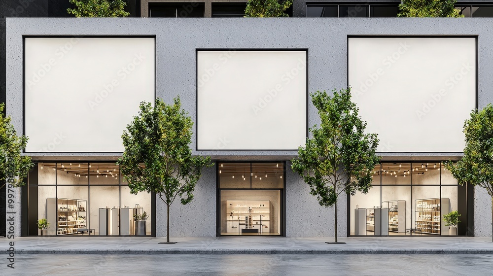 Poster modern storefront with large windows and empty advertisement spaces
