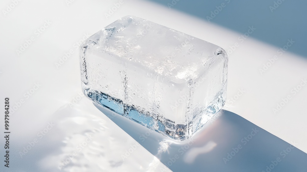 Poster a close-up of a single large ice cube on a surface