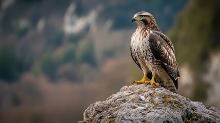 Fototapeta premium A fluffed-up buzzard perched on a rock, having just roused itself. Its feathers are puffed out, showcasing a rich array of browns and tans, while its sharp eyes scan the surroundings.
