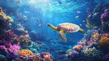 vibrant underwater scenery and diverse coral reefs with a graceful sea turtle.