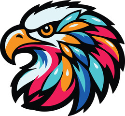 Eagle head flat design, front view, eagle theme, cartoon drawing, black and white