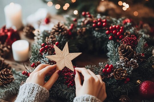 Woman making Christmas wreath, Fir handmade Chirstmas wreath with wooden star and red berries, rustic advent decoration, Christmas wreath making workshop