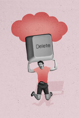 Image picture artwork collage of crazy man use modern technology delete cache button empty space isolated on drawing background © deagreez