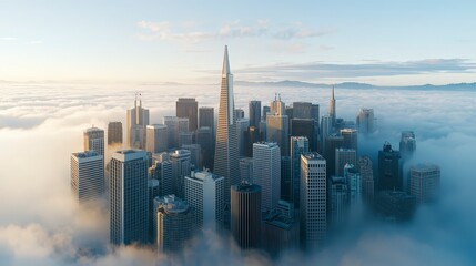 Fototapeta premium Foggy cityscape with tall skyscrapers emerging above the clouds at sunrise