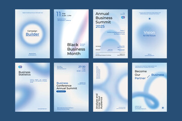 Gradient blue business poster template vector set. Vector set of business pastel blue poster. Professional business annual poster. Minimal and simple poster design set. Business report poster in blue