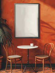 A cozy cafe setting with two chairs and a table, featuring a blank framed canvas on a warm orange wall.