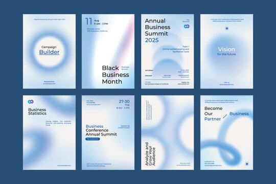 Gradient blue business poster template vector set. Vector set of business pastel blue poster. Professional business annual poster. Minimal and simple poster design set. Business report poster in blue - Powered by Adobe