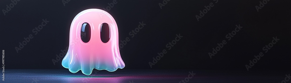 Poster a bright, colorful ghost emoji rendered in 3d with holographic tones floats in a minimalist scene. t