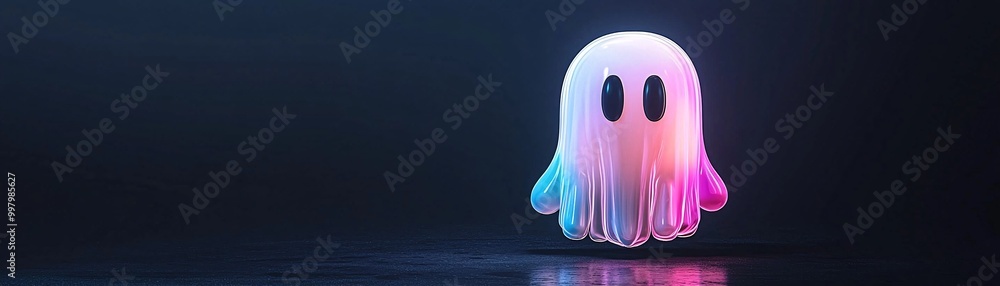Poster a bright, colorful ghost emoji rendered in 3d with holographic tones floats in a minimalist scene. t