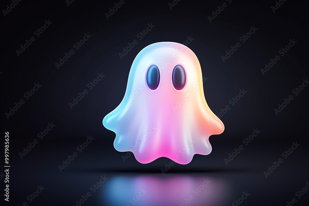 Poster a holographic gradient ghost icon, designed in a cartoon style with 3d rendering, hovers in the cent
