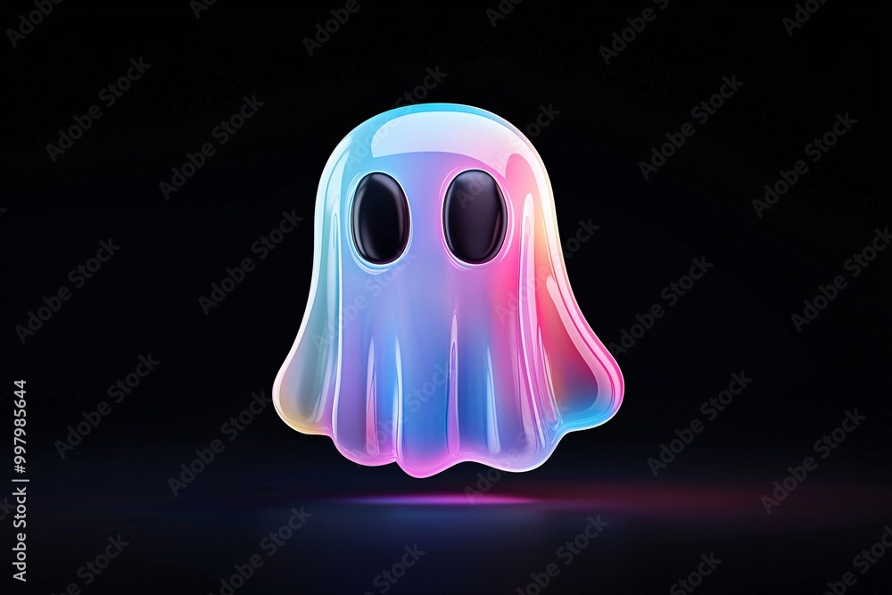 Poster a holographic gradient ghost icon, designed in a cartoon style with 3d rendering, hovers in the cent