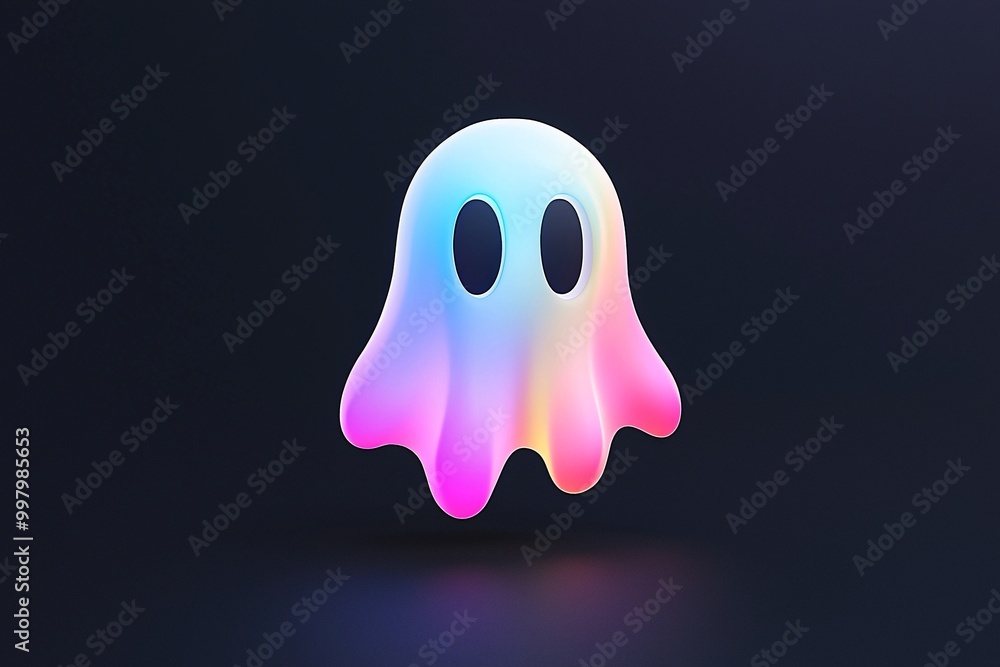 Poster a holographic gradient ghost icon, designed in a cartoon style with 3d rendering, hovers in the cent