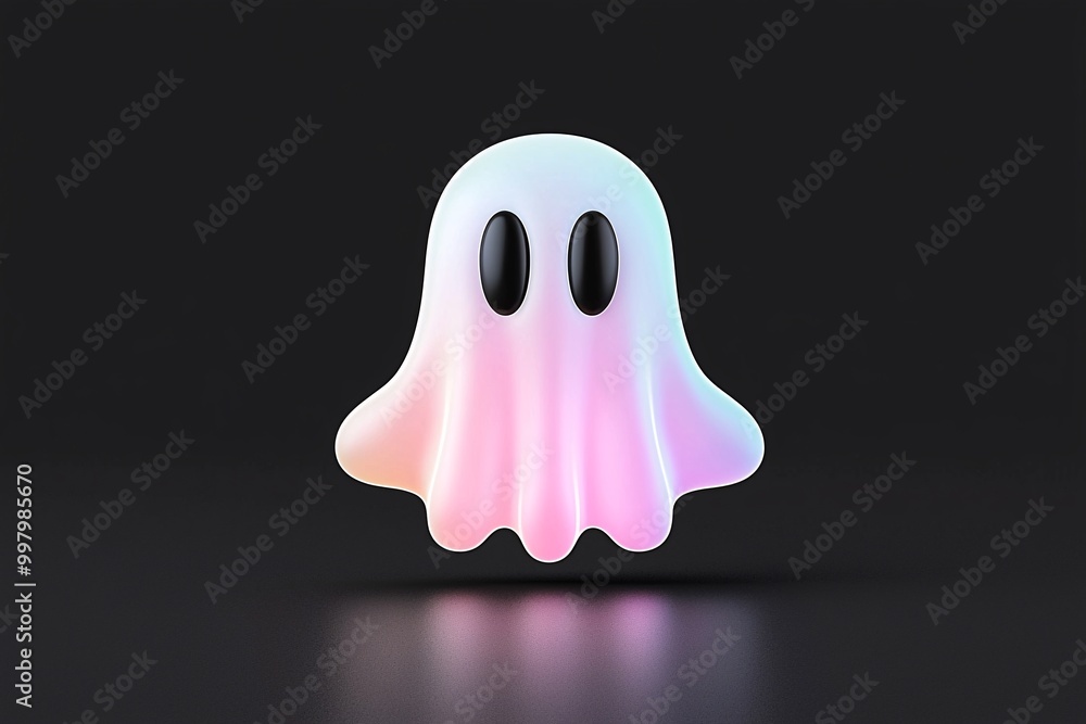 Poster a holographic gradient ghost icon, designed in a cartoon style with 3d rendering, hovers in the cent