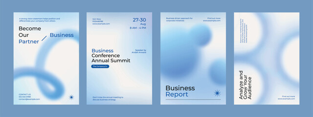 Gradient blue business poster template vector set. Vector set of business pastel blue poster. Professional business annual poster. Minimal and simple poster design set. Business report poster in blue