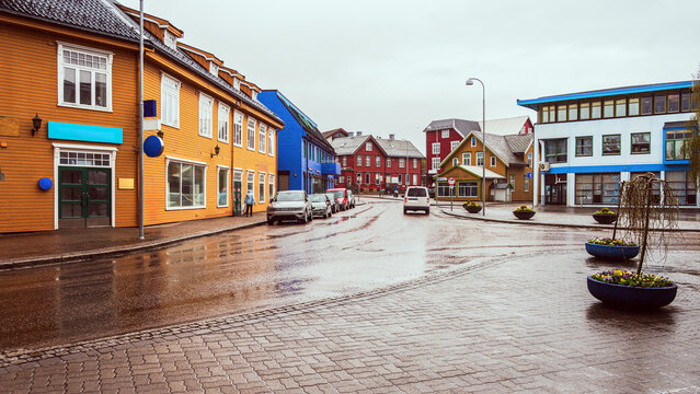 Sortland city streets during a rainy day, Vesteralen islands, Norway