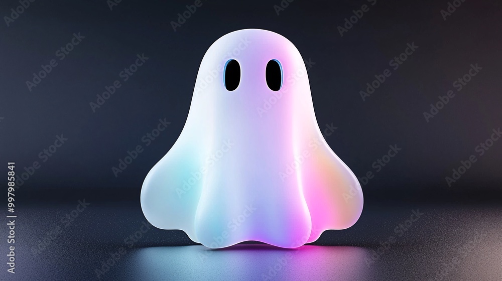 Poster a 3d-rendered ghost icon with a soft holographic gradient, set against a black background in a minim