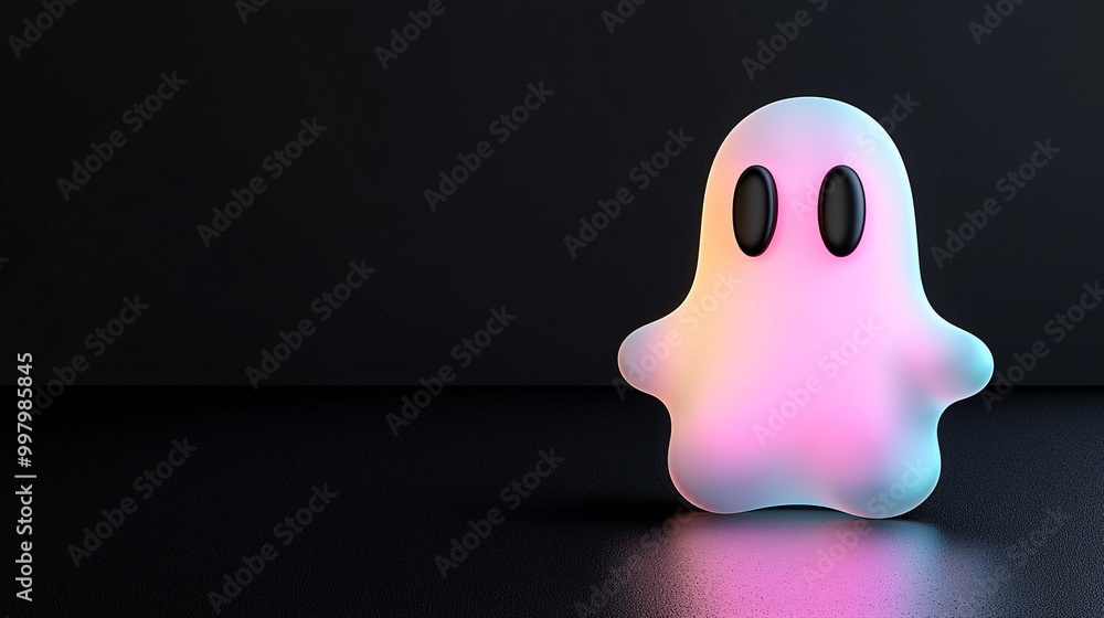 Poster a 3d-rendered ghost icon with a soft holographic gradient, set against a black background in a minim