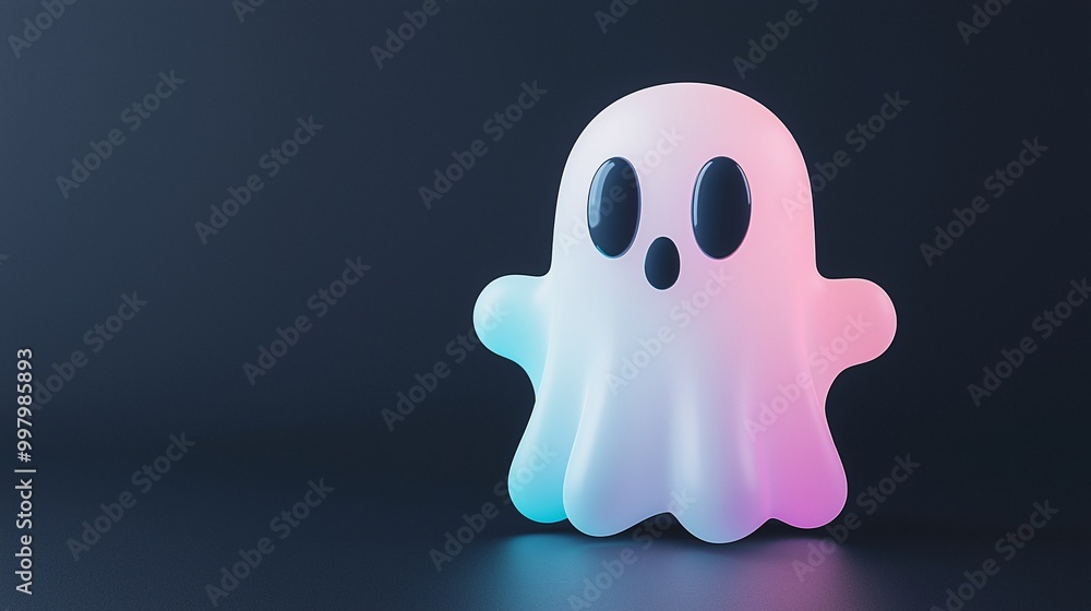 Poster a 3d-rendered ghost icon with a soft holographic gradient, set against a black background in a minim
