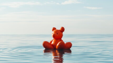 Inflatable bear floating calmly on a serene body of water