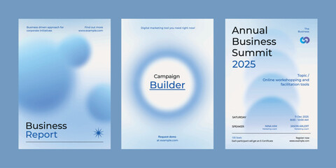 Gradient blue business poster template vector set. Vector set of business pastel blue poster. Professional business annual poster. Minimal and simple poster design set. Business report poster in blue