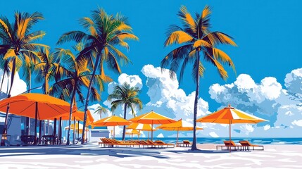 Beautiful tropical beach scene with palm trees and orange umbrellas