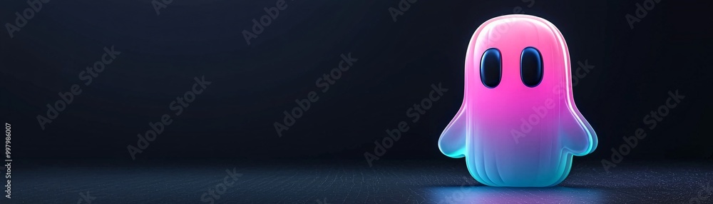 Poster a bright, holographic ghost emoji in 3d, floating against a deep black background. the playful desig