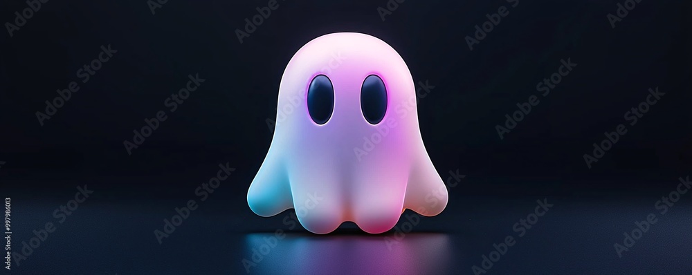 Poster a minimalist ghost emoji rendered in 3d with holographic colors floats on a black background. the oc