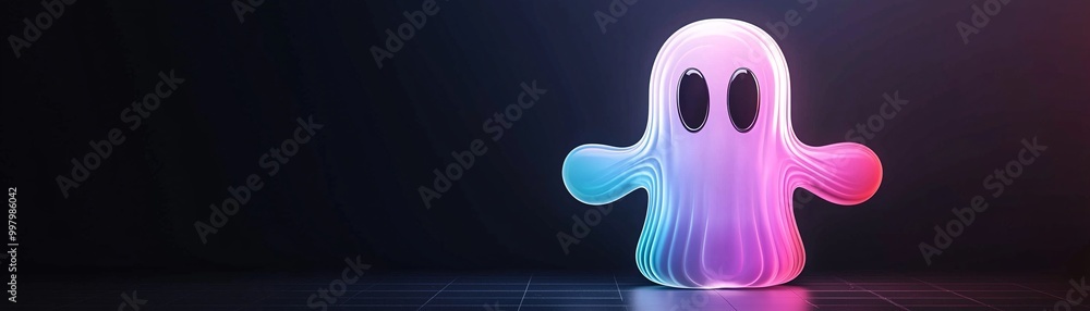 Poster A bright, holographic ghost emoji in 3D, floating against a deep black background. The playful design has colorful gradient tones and a minimalist style with copy space.