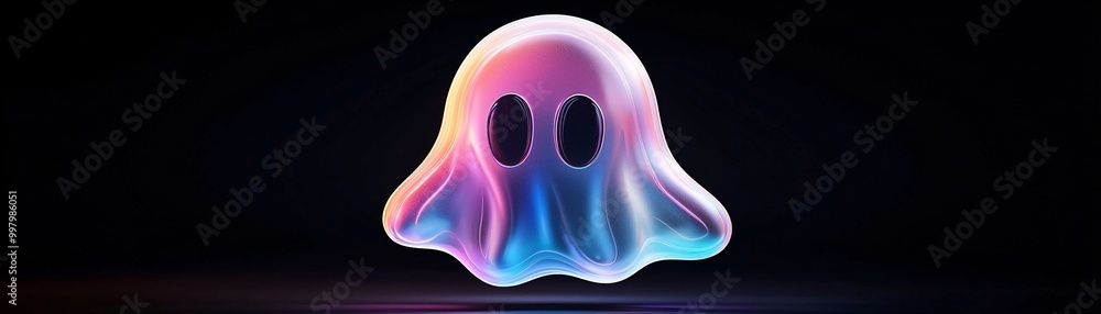 Poster a bright, holographic ghost emoji in 3d, floating against a deep black background. the playful desig