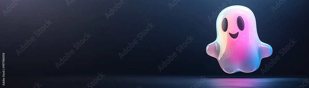 Poster a bright, holographic ghost emoji in 3d, floating against a deep black background. the playful desig