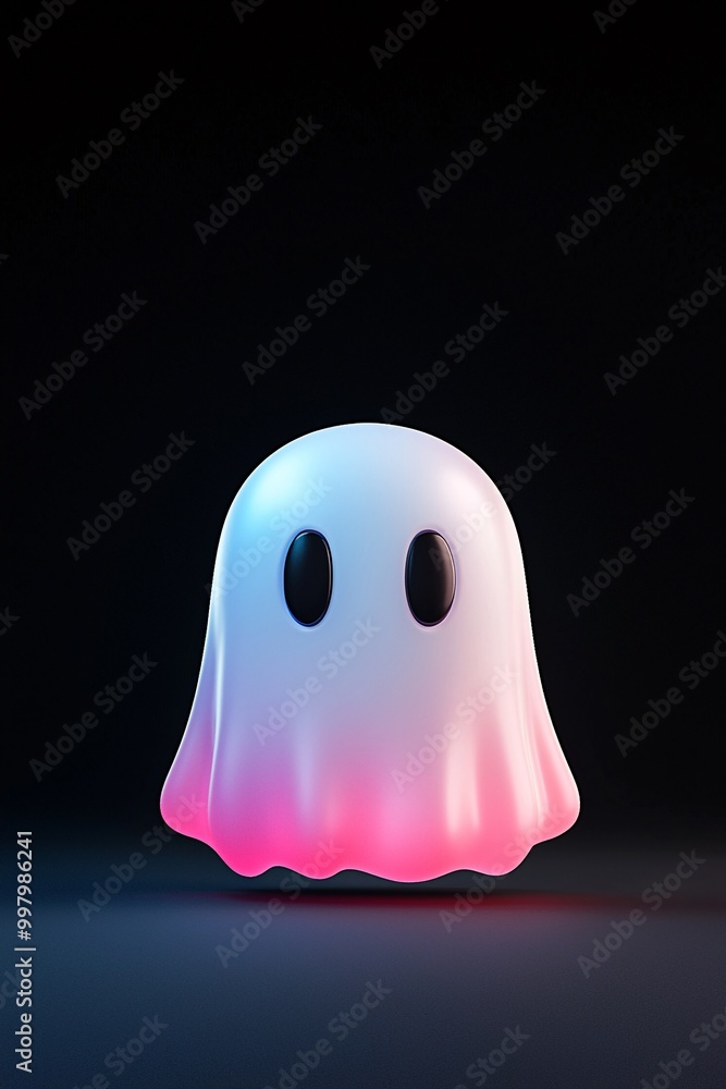 Poster a 3d cartoon ghost icon in holographic gradient colors floats on a black background, rendered with o